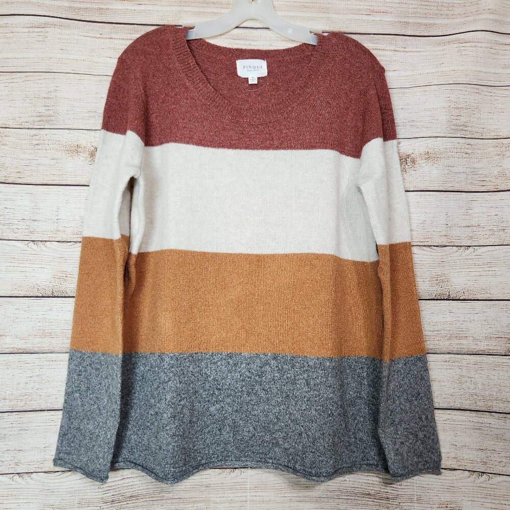 Pinque Women's XL Gina Crew Neck Striped Pullover Sweater Rust Stone Combo